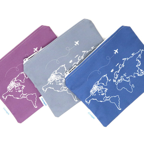 world map travel wallets in 3 colours, purple, grey and navy