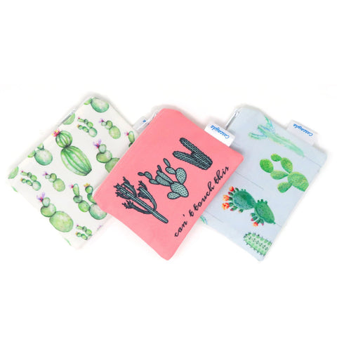 3 cactus print coin purses on white background