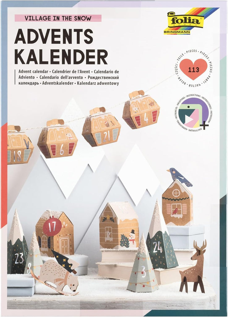 Folia Advent calendar packaging with wooden house designs and festive elements.