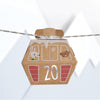 Hexagonal cardboard advent calendar with cartoon characters and the number 20 on a white background.