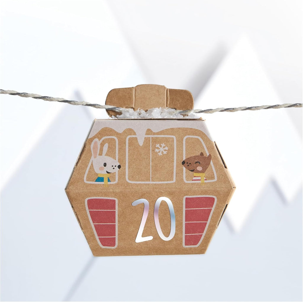 Hexagonal cardboard advent calendar with cartoon characters and the number 20 on a white background.
