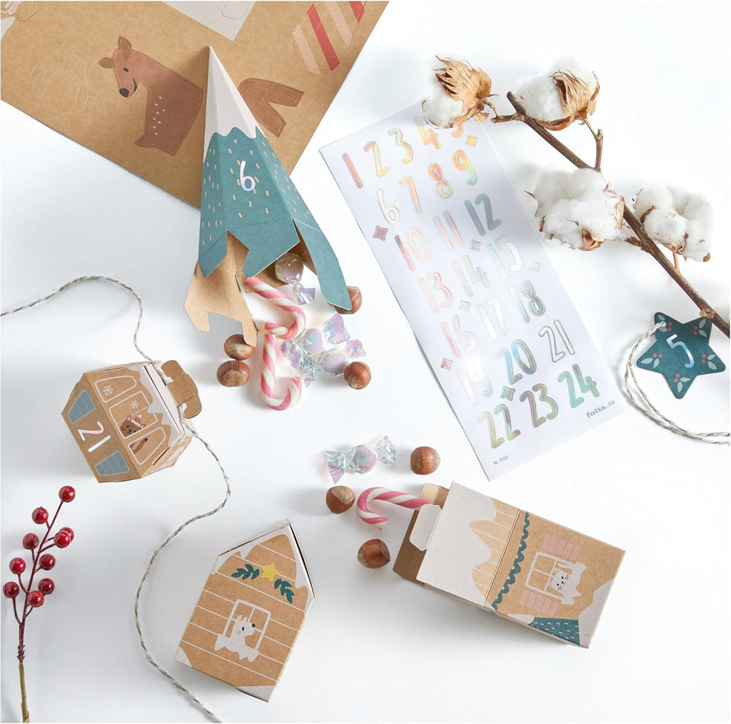 Christmas-themed advent calendar with decorative elements on a white background