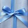 Silver gift box with blue ribbon on a light gray surface