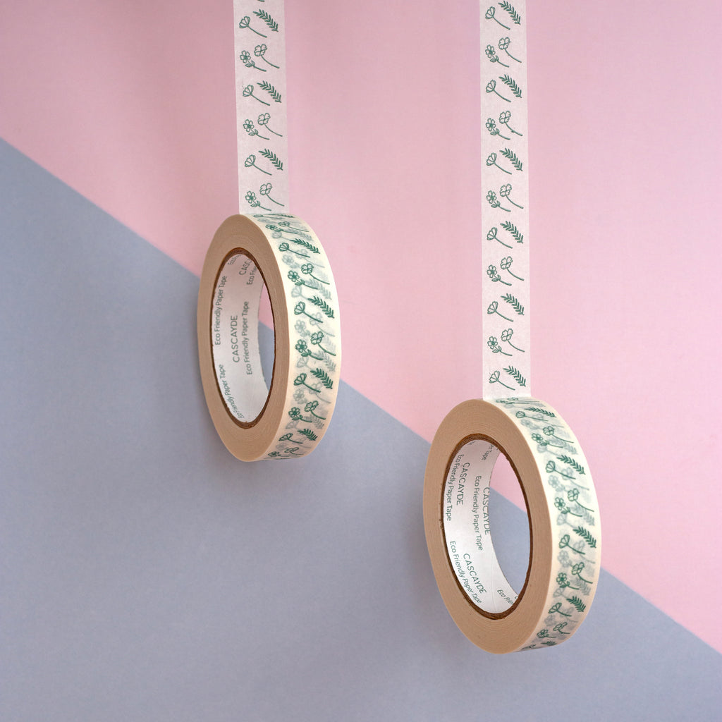 Two rolls of decorative tape with a floral pattern on a pink and gray background