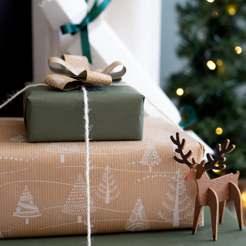 Recyclable Kraft Wrapping Paper 44*100CM Minimalist Christmas,White Trees  on Brown Kraft for Holidays