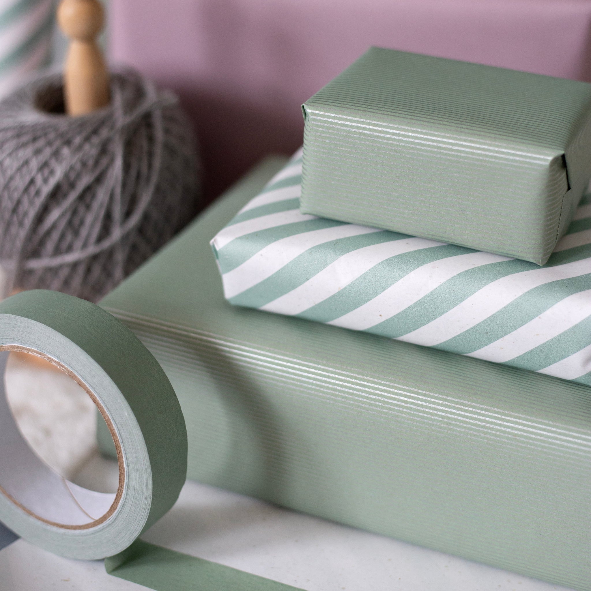 5m roll of Green with Fine Silver Lines Wrapping Paper (500mm wide ...
