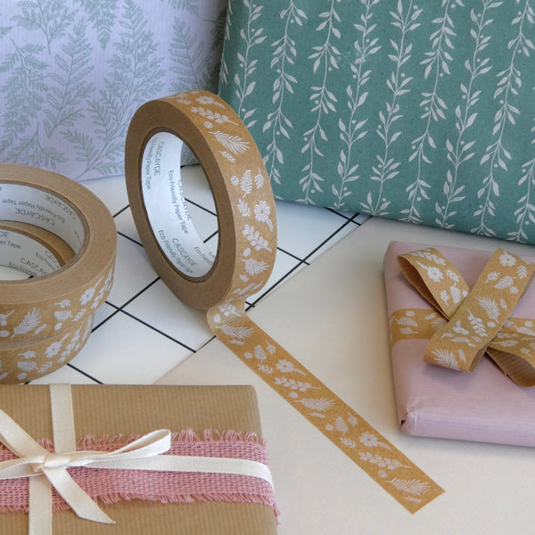 Decorative tape with floral & fern pattern  with wrapped gifts.