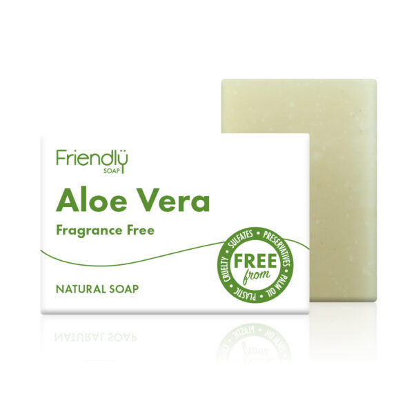 Aloa vera soap standing next to its green and white packaging
