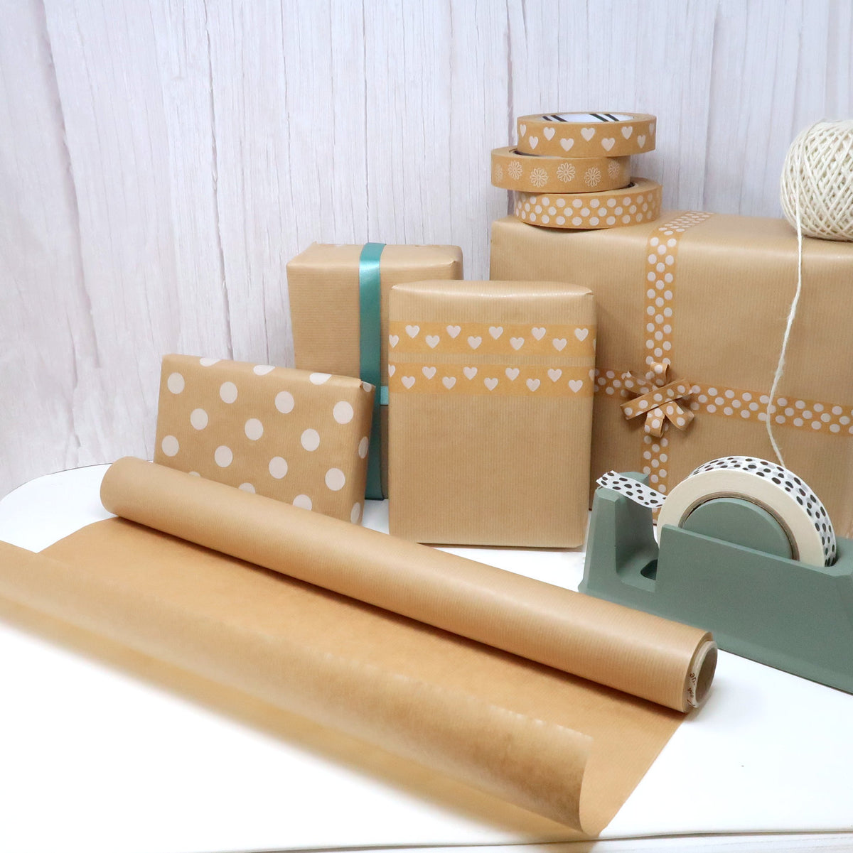 10m roll of Light Khaki & Pale Green Duo Kraft Wrapping Paper (500mm w –  Cascayde