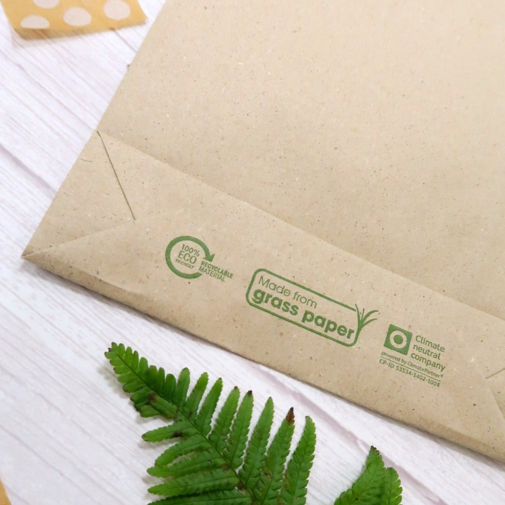 Grass paper mailing bag on a wood grain table with paper tape and a fern leaf